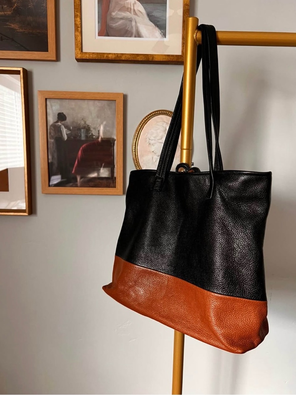 Two-Tone Black and Brown Leather Tote Bag